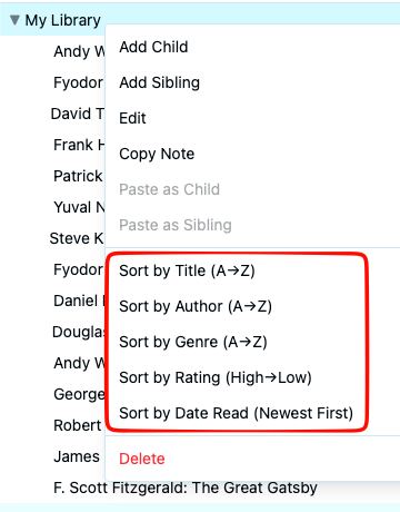Context menu for a Library note showing script-defined sort actions