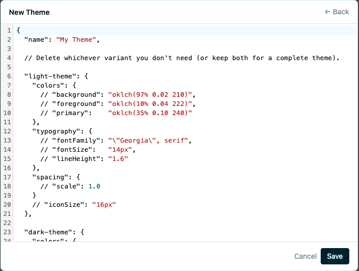 Theme editor showing the JSON structure for a new theme