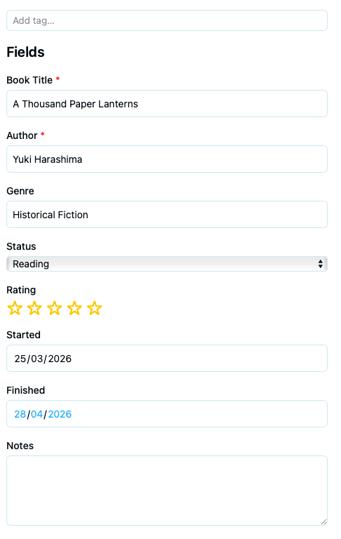 A note in edit mode showing multiple field types: text input, textarea, number, boolean checkbox, date picker, email, select dropdown, rating stars