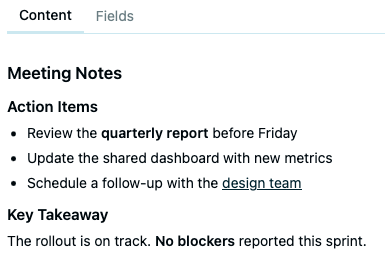 A textarea field rendered as Markdown showing headings, a bulleted list, bold text, and a link