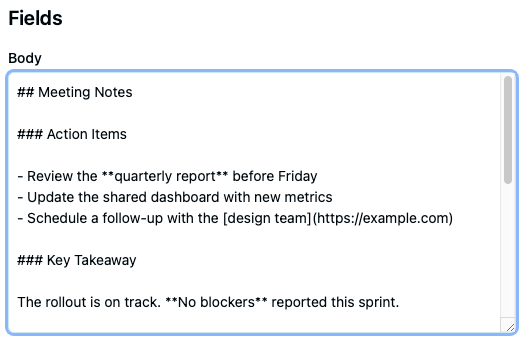 A textarea field with Markdown showing headings, a bulleted list, bold text, and a link