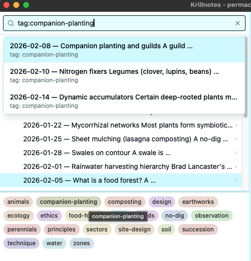 Tag cloud with a tag selected/highlighted, tree filtered to show only matching notes