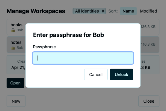 Unlock Identity dialog with passphrase prompt and identity name