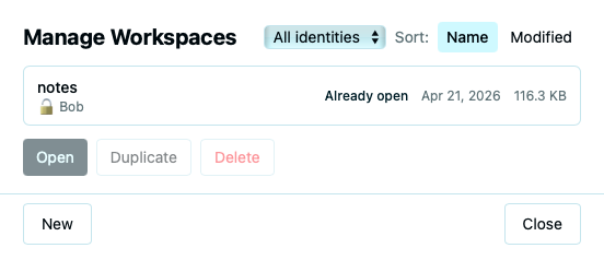 Open Workspace dialog showing recent workspaces with name, size, note count, and last modified date