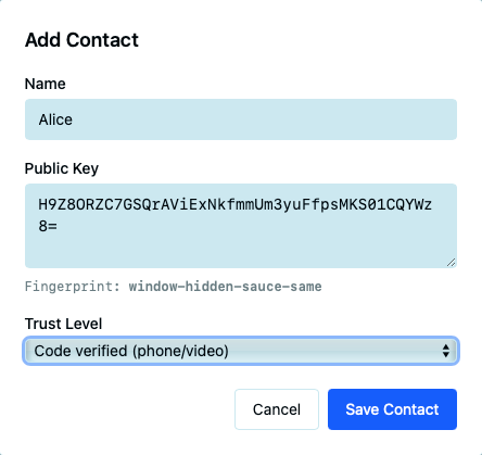Add Contact dialog with fields for pasting a public key or importing from a .swarmid file
