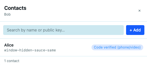Contact Book dialog showing contacts with declared names, local names, fingerprints, and trust levels