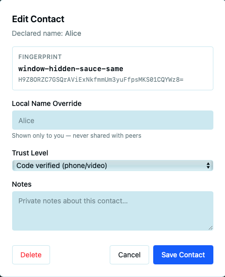 Edit Contact dialog showing the local name field and trust level dropdown with TOFU, CodeVerified, Vouched, VerifiedInPerson options