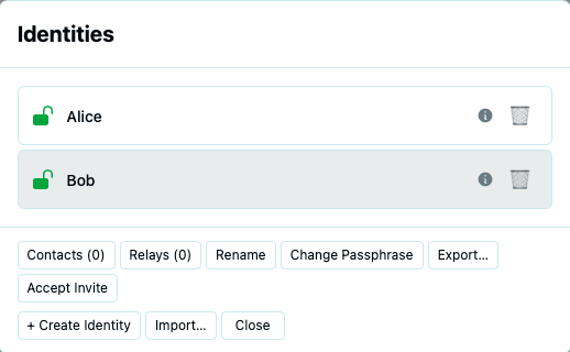 Identity row expanded showing: Rename, Change Passphrase, Export Identity, and the public key / fingerprint display