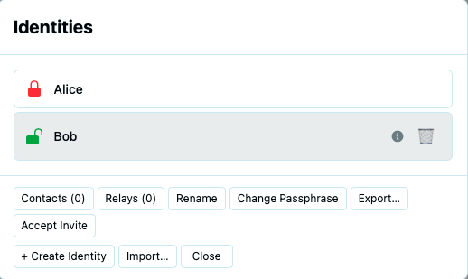 Identity Manager dialog listing identities with display names, fingerprints, and last-used timestamps