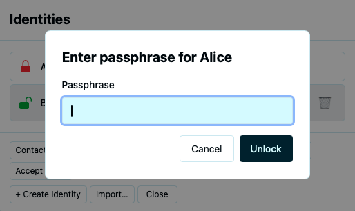 Unlock Identity dialog with passphrase prompt and identity name