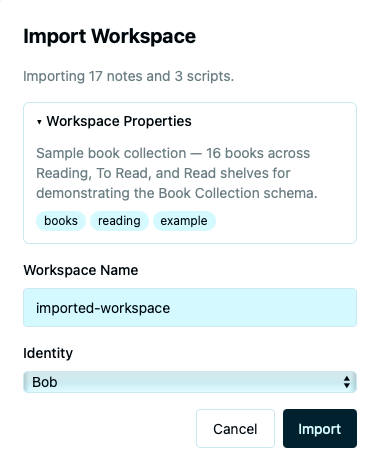 Import preview showing note count, script count, app version, and a version mismatch warning if applicable