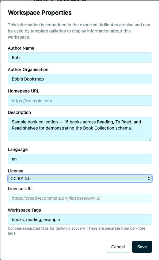 Workspace Properties dialog showing: Author Name, Organisation, Homepage URL, Description, Language, Licence, and Tags