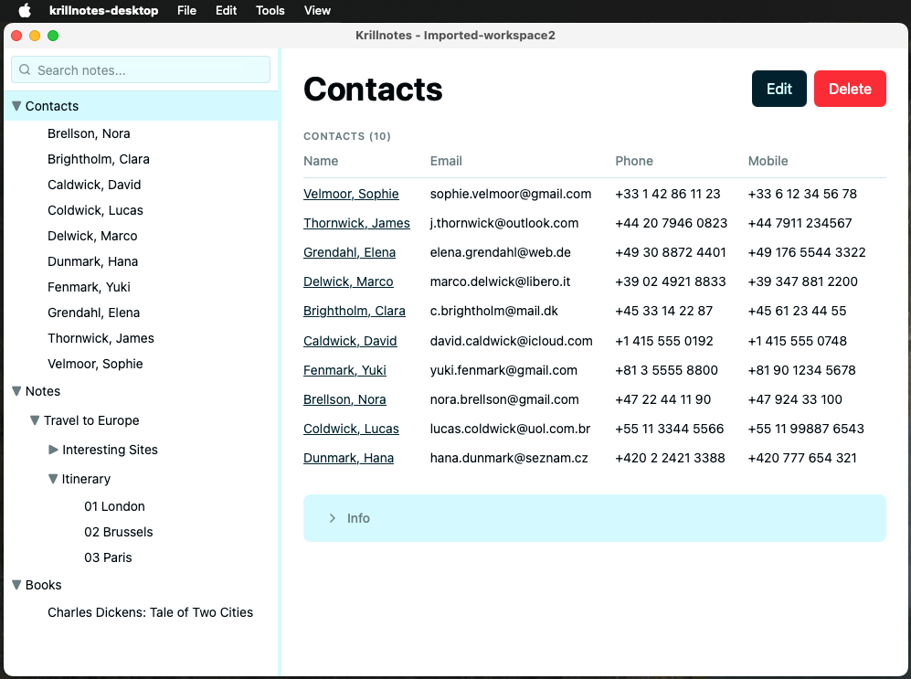 Main window showing a contacts folder