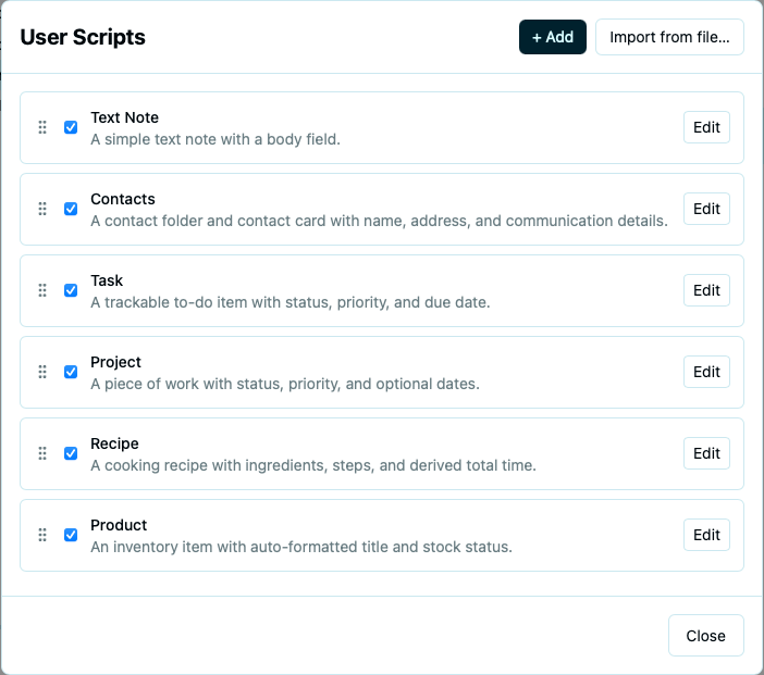 User Scripts panel listing all built-in scripts