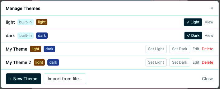 Manage Themes dialog showing built-in and custom themes
