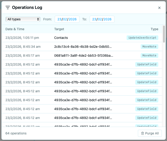 Operations log showing recent mutations