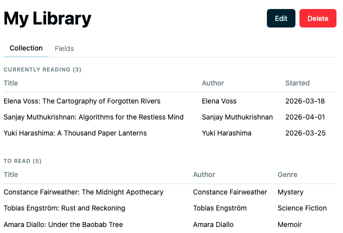 Info panel showing multiple tabs: &ldquo;Fields&rdquo;, &ldquo;Library&rdquo;, &ldquo;Stats&rdquo; — with a custom view rendered