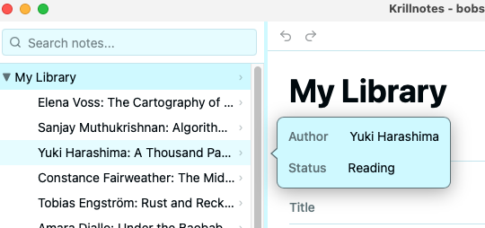 Mouse hovering over a tree node with a custom tooltip showing field summaries
