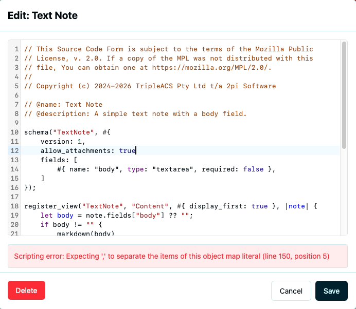 Script entry in the manager showing an error message
