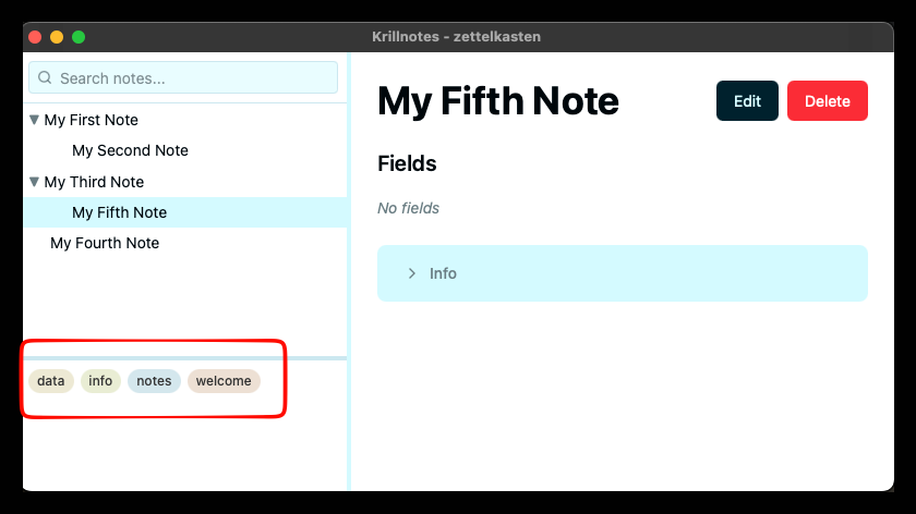 Tag cloud at the bottom of the tree view showing all workspace tags