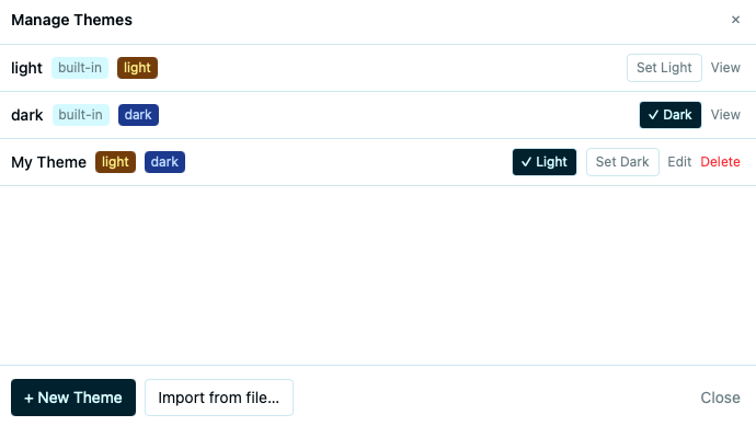 Manage Themes dialog showing built-in themes (read-only) and custom themes with Set Light / Set Dark / Edit / Delete buttons
