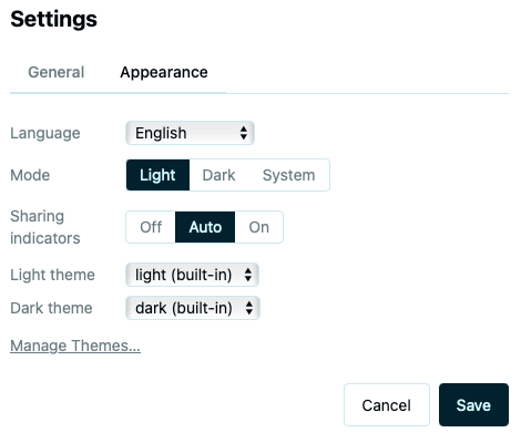 Settings dialog, Appearance tab, showing: Theme Mode toggle, Light Theme selector, Dark Theme selector, Manage Themes button
