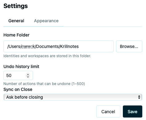 Settings dialog, General tab, showing: Home Folder, Undo Limit, Language, Sharing Indicator Mode