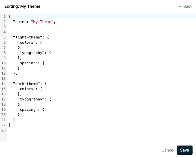 Theme editor showing JSON structure with colors, typography, and spacing sections