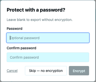 Export dialog asking whether to protect the export with a password