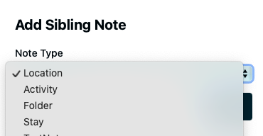 Add Note dialog with the Note Type selector showing available types