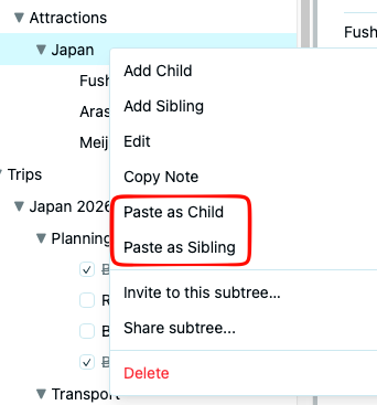 Context menu showing Paste as Child and Paste as Sibling options