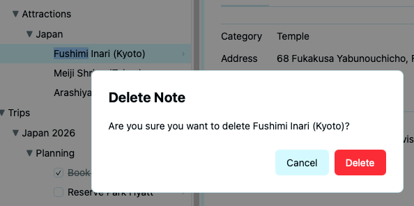 Delete confirmation showing &ldquo;Delete All&rdquo; and &ldquo;Promote Children&rdquo; buttons with explanations