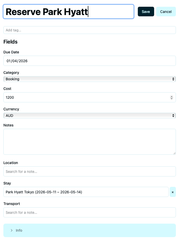The same note in edit mode with editable field inputs, Save and Cancel buttons