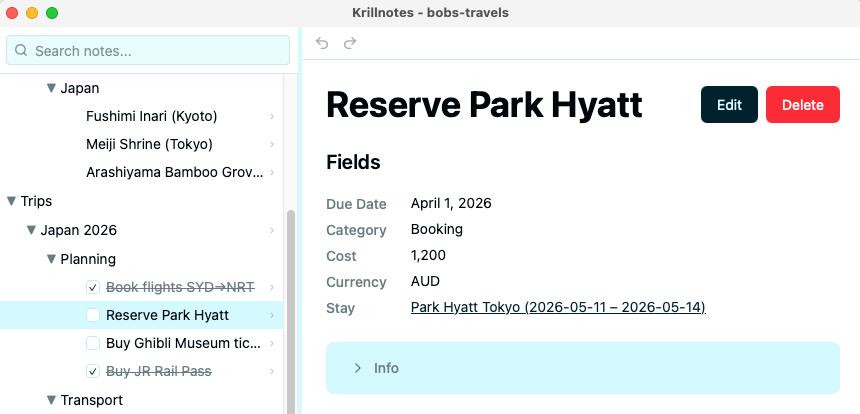 A note in view mode showing rendered fields, formatted Markdown, and view tabs